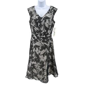Leslie Fay Black White Floral Dress Womens 8 Sleeveless Sheer A Line Knee Length